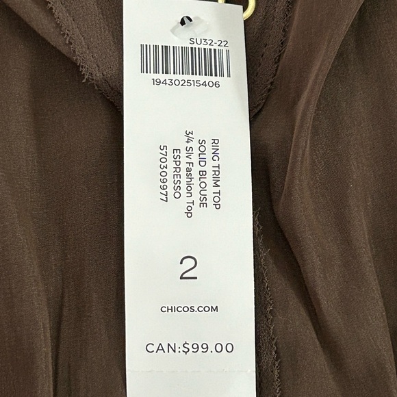 Chico’s Ring Trim Blouse-Espresso Size 2 - Picture 2 of 3